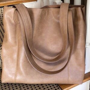 Tan vegan leather tote bag.